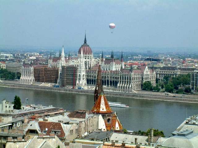 Budapest. Hungary's grand parliament building on the banks of the Buda. The left wing is being cleaned and restored.
